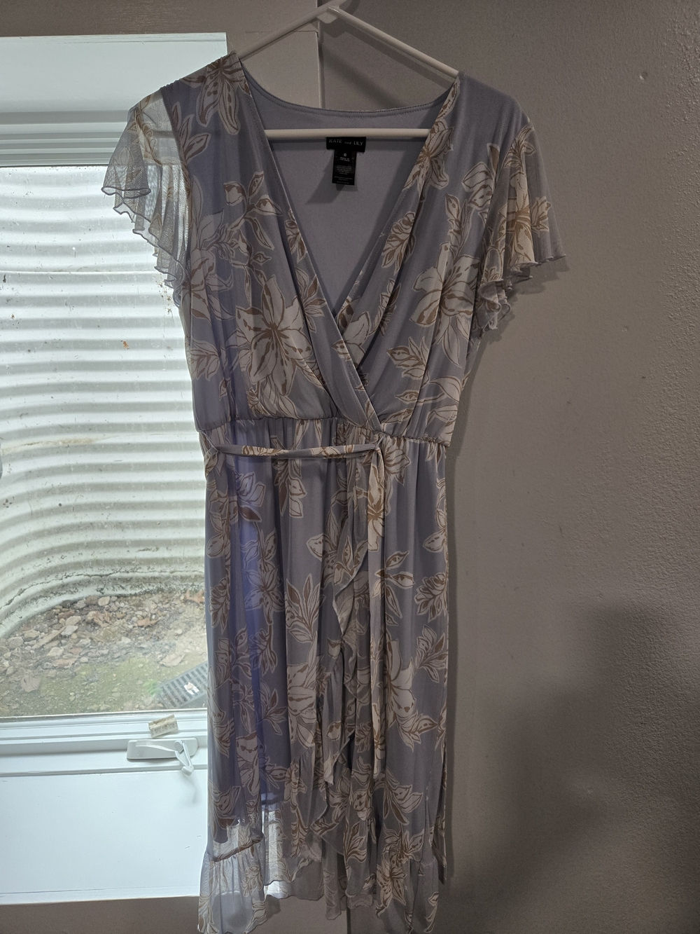 Floral Light Blue Wrap Midi Dress with Cream Accents